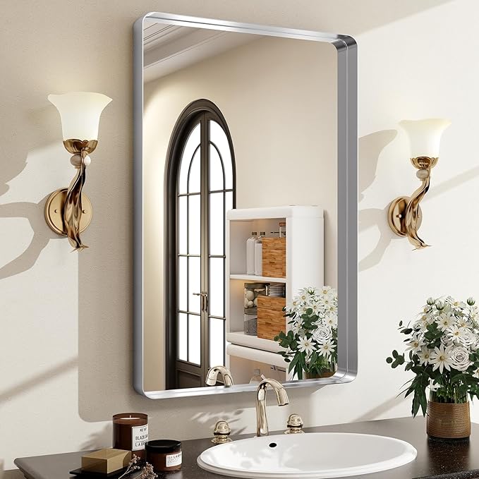 Silver Bathroom Mirror for Wall, 36x24 Inch Rectangular Aluminum Alloy Framed Mirror, Modern Wall Mounted Vanity Mirror for Bathroom, Vertical or Horizontal