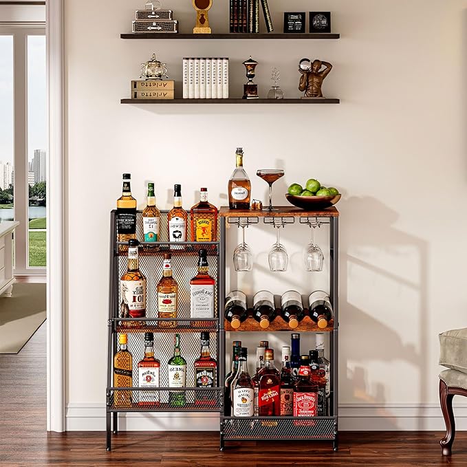Versatile Liquor Stand for Home Bar, Wine Rack Freestanding Floor, Mini Bar Table for Liquor Whiskey Wine, 3-Tier Trapezoidal Liquor Bottle Display Shelf with Glass Holder and Fences(Patent Pending)