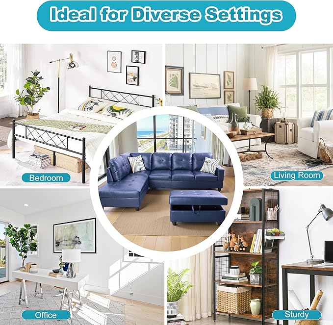 L Shaped Couch PU Leather Sectional Couch Upholstered 3 Pieces Sofas for Living Room with Chaise, Storage Ottoman for Office and Small Apartment, Blue