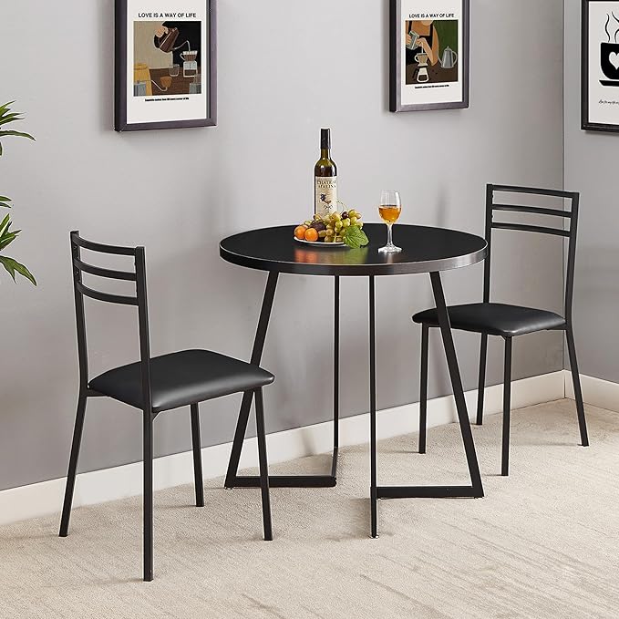 VECELO Small Round Dining Table Set for 2, Heavy-Duty Metal Frame & Upholstered Chair for Breakfast Nook, Kitchen, and Small Space, Black