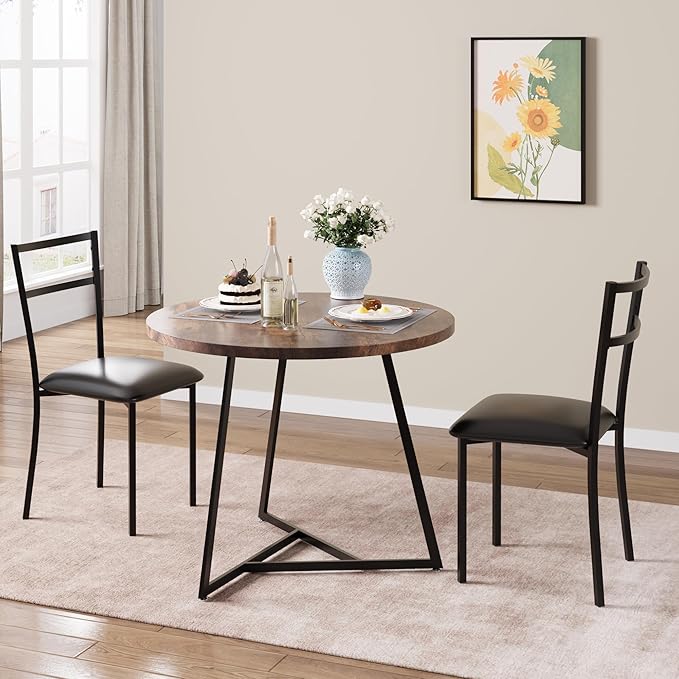 CABIHOME Dining Table Set for 2, Kitchen Table Set for 2, Kitchen Table Set with 2 Upholstered Chairs, Round Dining Table Set for Small Space, Apartment, Retro Brown