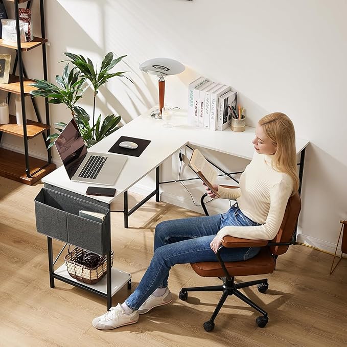 Whitmor L Shaped Gaming Desk - 50 Inch Reversible Corner Computer Desk with Wood Top, Metal Frame, CPU Stand & Side Bag, Home Office Dorm Sturdy Writing Workstation, White