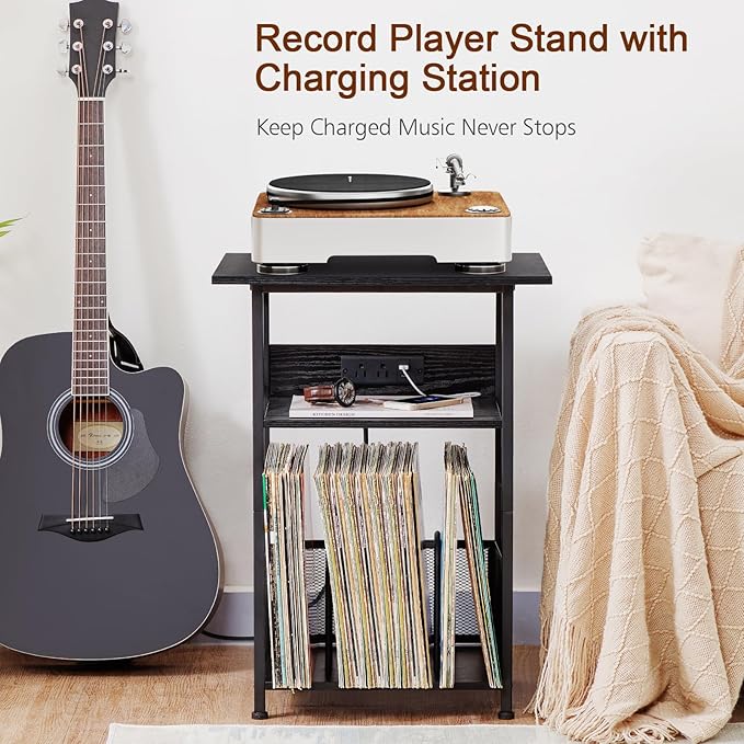 AMHANCIBLE Record Player Stand with Charging Station, Large Turntable Stand with Storage Cabinet, 3 Tier End Table Hold Up to 100 Albums, Record Stand for Vinyl, Living Room, Black, HETCD012BK-1