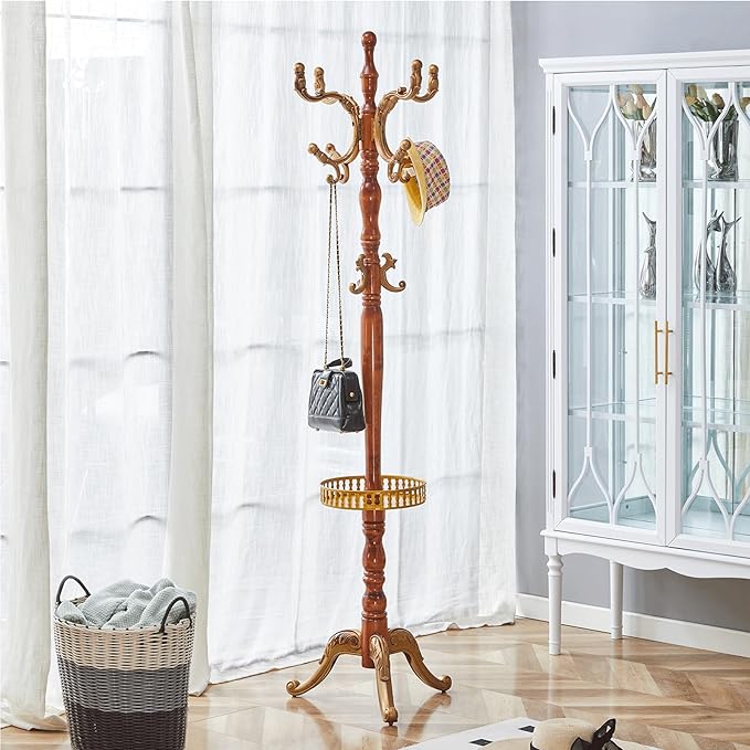 Solid Wood Coat Rack Freestanding, 77" Adjustable Hall Tree Hanger With Hooks, Coat Hanger Stand for Hanging Clothes Bags Hats in Living Room Bedroom
