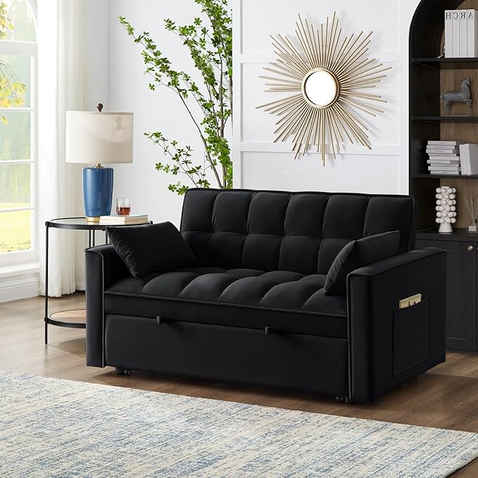 KEIKI Velvet Loveseat Convertible Sofa Bed Sleeper Chair with Adjustable Backrest, Pillows & Storage Pockets, 3 in 1 Pull-Out Couch Chaise Lounge Recliner for Living Room Balcony Bedroom, Black