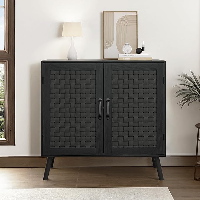Smuxee Black Sideboard, Freestanding Buffet Cabinet with 2 PVC Rattan Doors, Storage Cabinet with Adjustable Shelf for Living Room, Entryway, Hallway