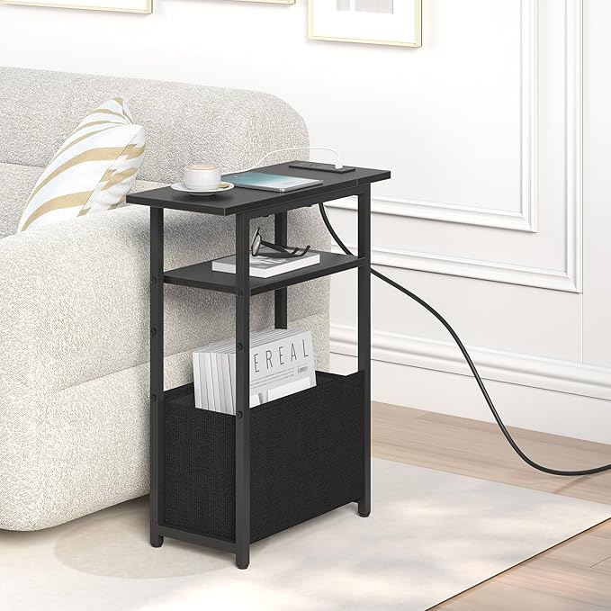 Narrow Side Table with Charging Station, Small End Table for Small Spaces, Skinny Nightstands with Storage Basket, 3 Tier Sofa Couch Bedside Tables for Living Room,Bedroom, Black