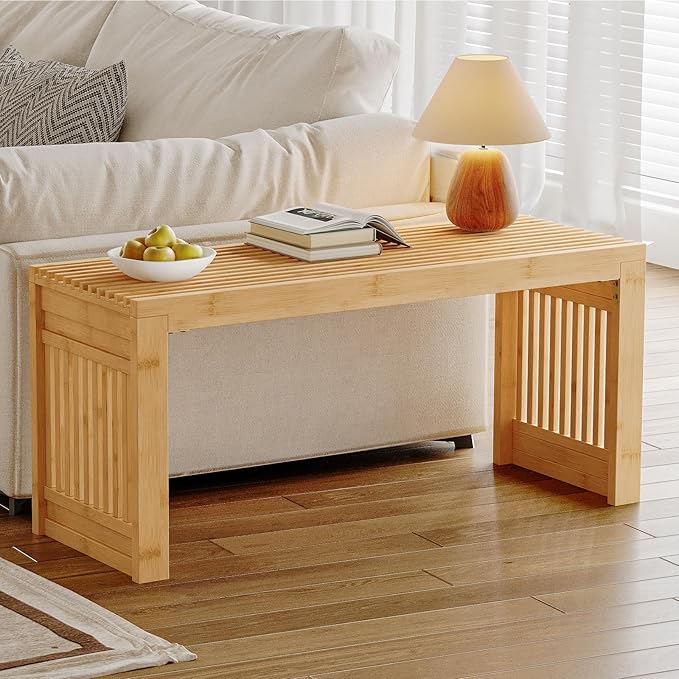 HOOBRO Dining Bench, 35 inch Bamboo Entryway Bench, Farmhouse Kitchen Table Bench, Outdoor Bench, Solid Bamboo Dining Room Benches for Kitchen, Living Room, Hallway, Bedroom, Natural YL16CD01