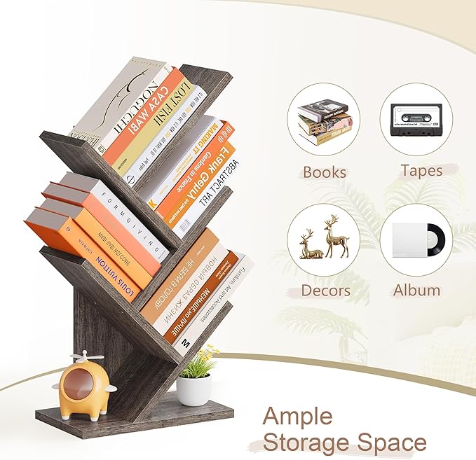 Hoctieon 4 Tier Tree Bookshelf, 4 Shelf Bookcase, Free Standing Tree Bookcase, Display Floor Standing Shelf for Books, Book Organizer Shelves for Home Office, Living Room, Bedroom, Grey