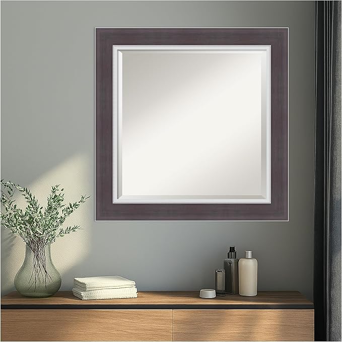 Amanti Art Brown Wall Mirror 26x26 Ellie Brown Silver Square Bathroom Mirror for Wall Decor Living Room, Medium Modern Frame, Hangs Horizonally and Vertically, Bathroom Decor, Beveled Edge