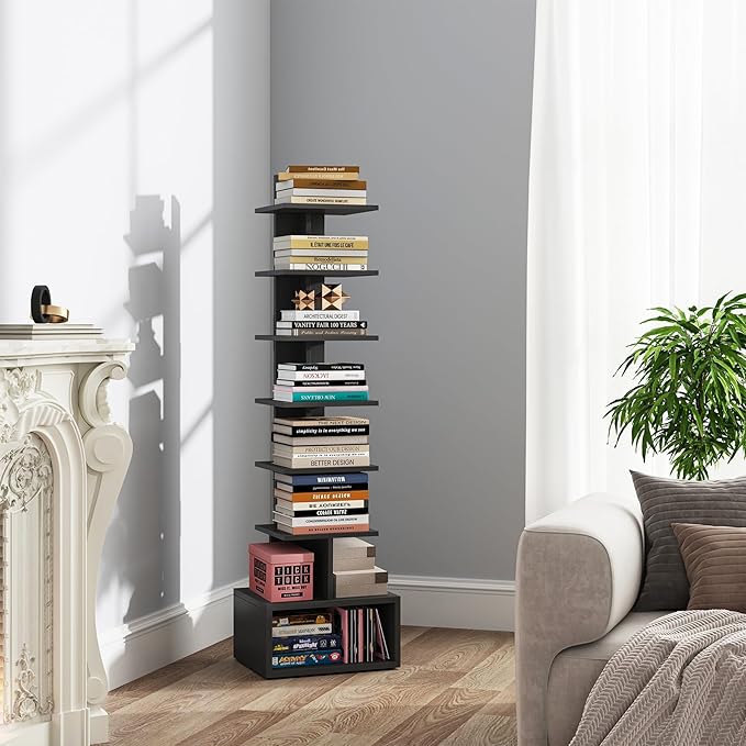 TUTOTAK Narrow Bookshelf, Vertical 8-Tier Bookcase, Spine Book Shelf for Small Space, Small Standing Shelf for Living Room, Office, Study, Entryway, Black BS07BK008
