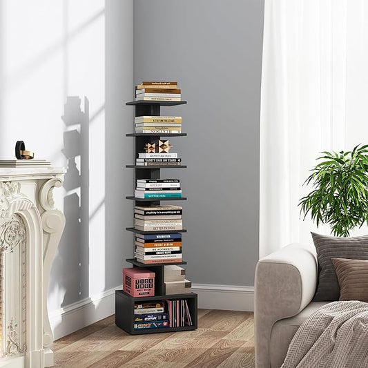 TUTOTAK Narrow Bookshelf, Vertical 8-Tier Bookcase, Spine Book Shelf for Small Space, Small Standing Shelf for Living Room, Office, Study, Entryway, Black BS07BK008