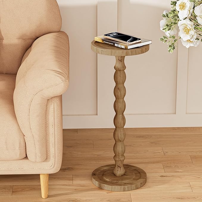 Solid Wood Drink Table, Rubber Wood‌ Small Round Side Table for Small Spaces, Martini Tables, Pedestal End Tables for Living Room, Bedroom, Corners, and Office (Brown, 9.4 inch)