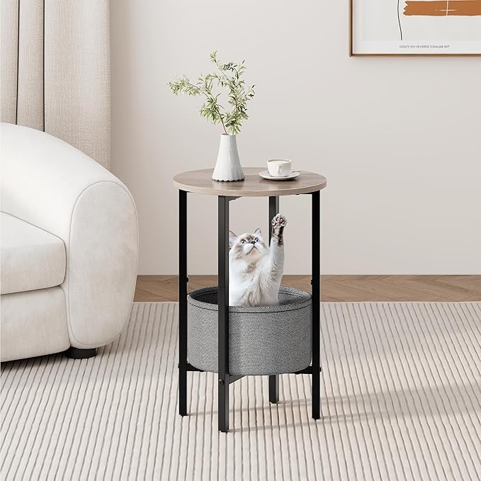 Vagusicc Round Side Table End Table with Storage Basket, Small Side Table Round Nightstand for Small Spaces, Tall Oval End Table with Steel Frame, Coffee Bedside Table for Living Room Bedroom, Greige