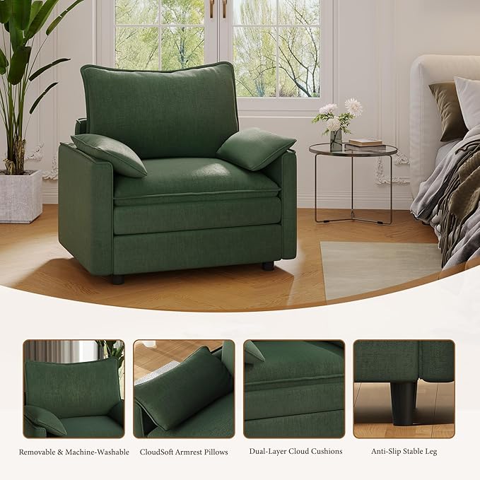 Vesgantti 40" Single Seat Sofa, Comfy Cloud Couch Deep Seat Upholstered Couch Chenille Modern Sofa with Armrest Pillow, Easy Assembly for Living Room, Bedroom and Apartment, Green