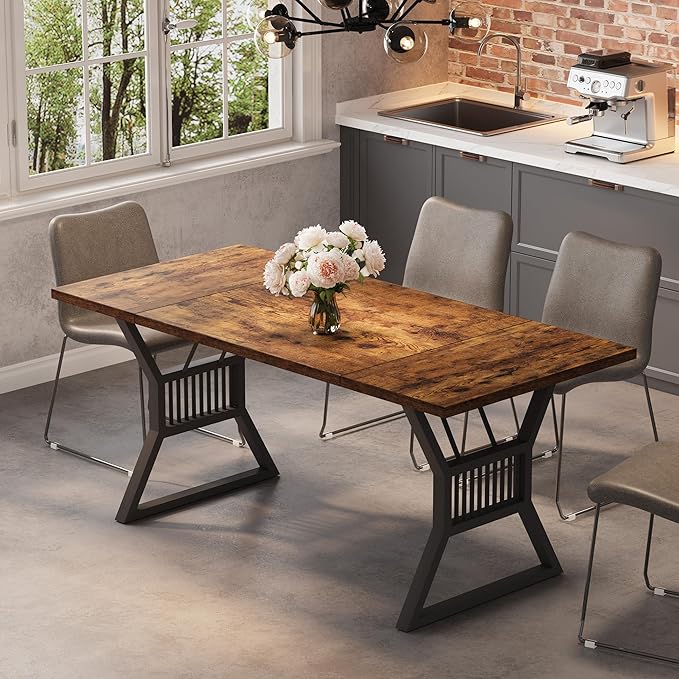 GarveeHome 70.8 Inch Dining Table 4-6 Person, Kitchen Table with Heavy Duty Metal Legs, Farmhouse Dining Room Table for Kitchen, Living Room