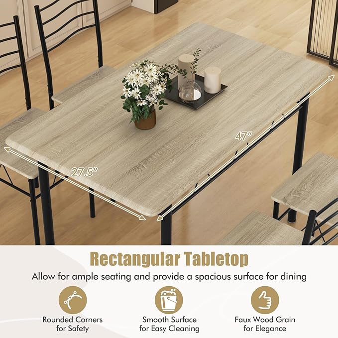 5 PCS Dining Table Set Counter Height Table and Chairs Set W/Steel Structure Dining Desk, 4 High Backrest Chairs & Anti-Slip Pads Dining Furniture Set for Kitchen and Restaurant(Beech Wood)
