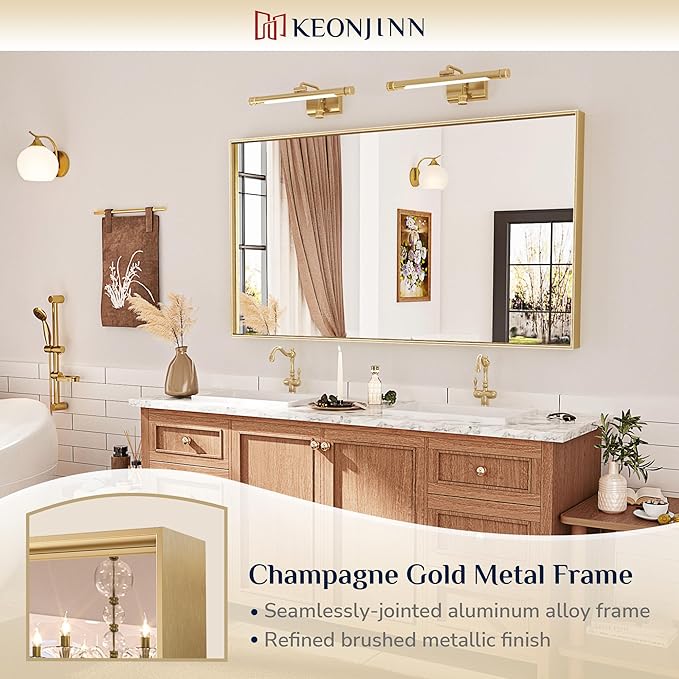 Keonjinn Brushed Gold Bathroom Mirror 42 x 36 Inch Metal Frame Rectangular Large Wall Mirror for Bathroom Sink Gold Vanity Mirror for Over Sink Aluminum Alloy Rectangle Mirror(Horizontal/Vertical)