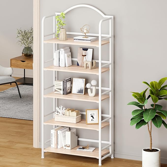 No-Assembly Folding Bookshelf Storage Shelves 5 Tiers Vintage Multifunctional Plant Stand Storage Rack Shelves Bookcase for Home Office