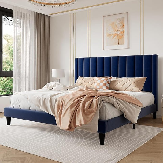 SHA CERLIN King Bed Frame/Velvet Upholstered Platform Bed Frame with Headboard/Strong Wood Slats Support/Mattress Foundation/No Box Spring Needed - Dark Blue