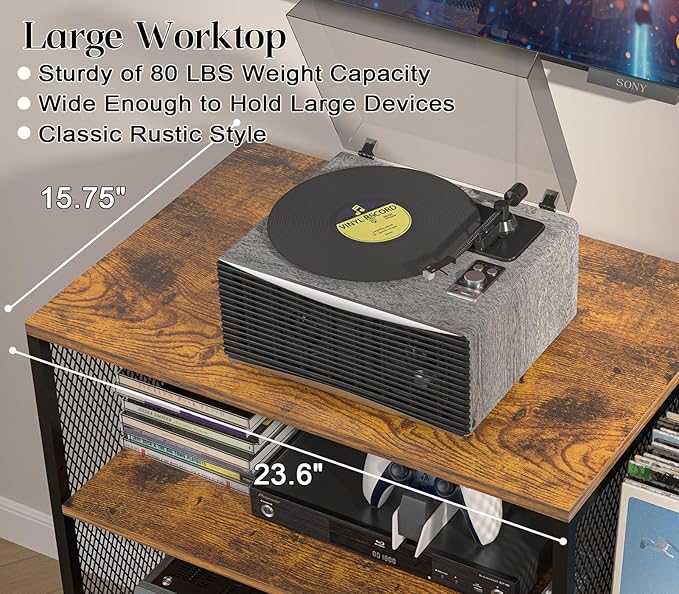 Large Record Player Stand Table with Vinyl Record Holder Up to 150PCS, AV Media Stand Stereo Cabinet Shelf Rack Tower with Storage, Sturdy, Adjustable Feet, Rustic, Large Capacity