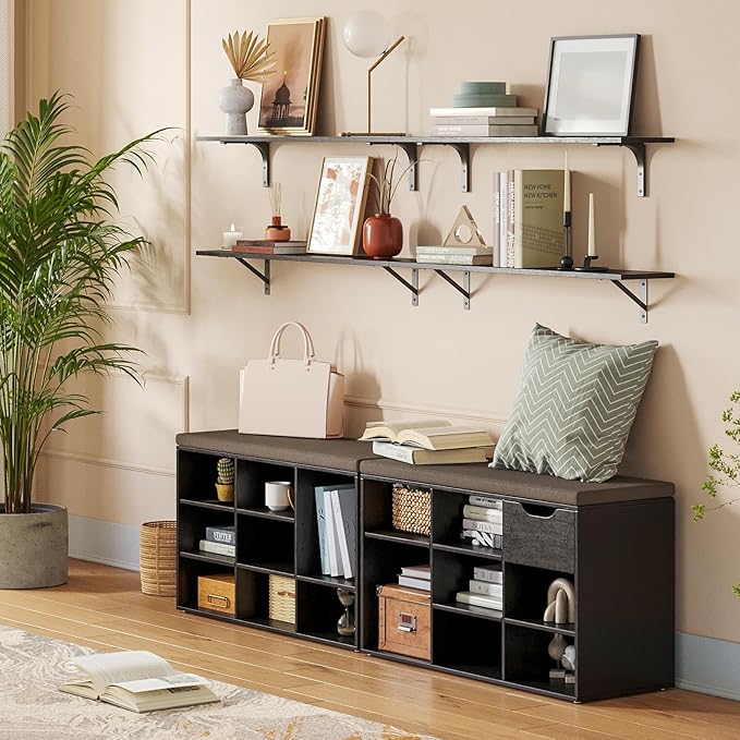 DINZI LVJ Shoe Bench,Entryway Storage Bench with Drawer and 8 Cubbies,Cubby Rack Adjustable Shelves,Shoe Organizer Cabinet for Living Room,Bedroom,Mudroom,Closet Garage,Espresso