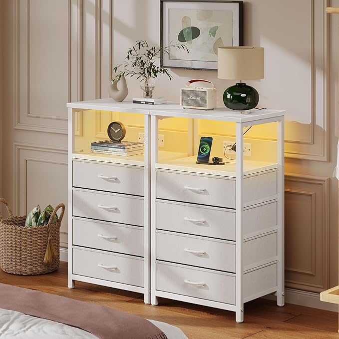 Seventable Night Stand with Charging Station, Tall Nightstand with 4 Fabric Storage Drawers, Side Table with LED Light for Bedroom, Entryway, White, Set of 2