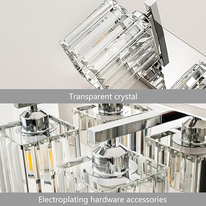Modern Bathroom Vanity Light 3-Lights Chrome Crystal Bathroom Wall Light Vanity Light Fixtures，20.47-inch Modern Minimalist Design