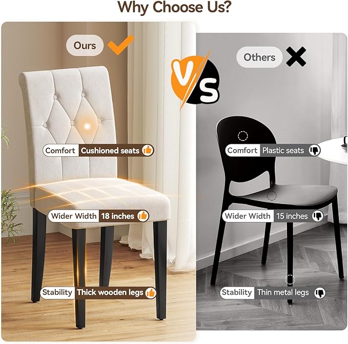 Upholstered Dining Chairs Set of 4, Button Tufted Parsons Dining Chair with Solid Wood Legs, Modern Fabric Side Chair for Hotel/Dining Room/Kitchen/Restaurant- White