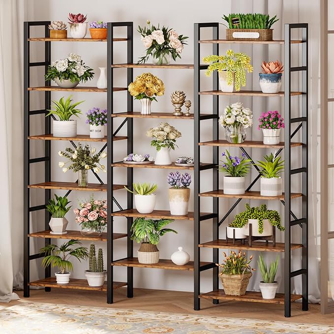 IRONCK Bookshelves 6 Tiers Triple Wide Industrial Bookshelf, Large Etagere Bookshelf Open Display Shelves with Metal Frame for Living Room Bedroom Home Office