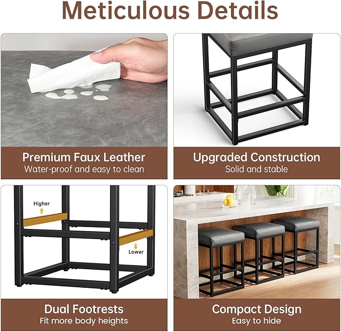 Counter Height Bar Stools Set of 2, 24" Barstools for Kitchen Countertop, Faux Leather Counter Stools with Thick Square Seats & Sturdy Metal Base, Simple Assembly, Gray