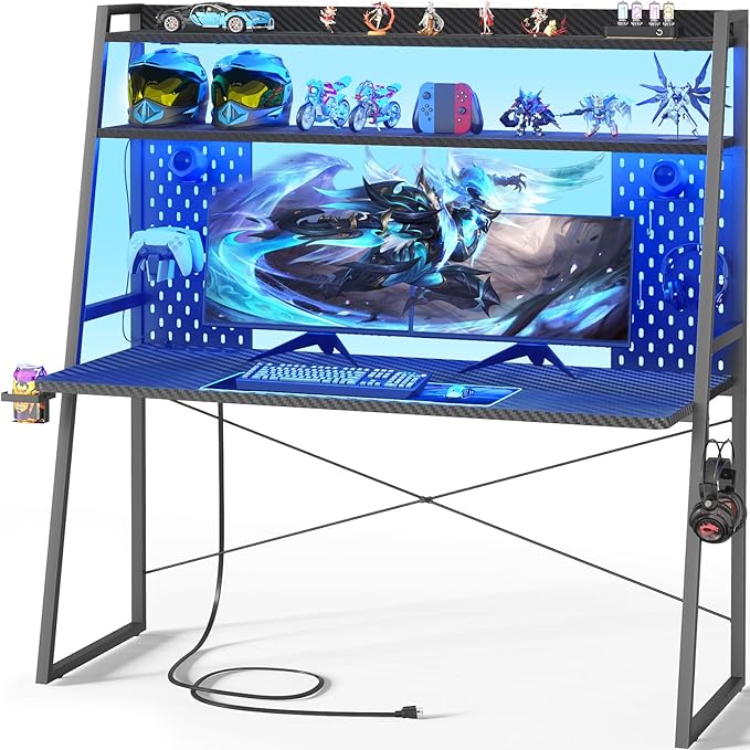 Gaming Desk with Hutch and LED Lights, Gaming Computer Desk with Power Outlets, Gamer Desk with Storage Shelves, PC Game Desks with Pegboards, for Bedroom, Carbon Fiber Black, 49"