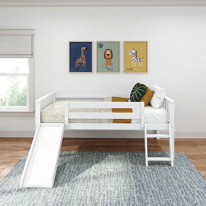 Max & Lily Twin Ultra Low Loft Bed with Slide and Climbing Ladder, Solid Wood Bed for Kids, Space Saving Design for Small Rooms, Twin Size Loft Bed with 14 Inch Guardrails, Anti Slip Steps, White