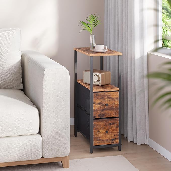 TUTOTAK Small Narrow End Table, Set of 2, Side Table, Nightstand with 2 Cloth Drawers, Couch Table, for Living Room, Bedroom, Bedside, Brown TB01BB054