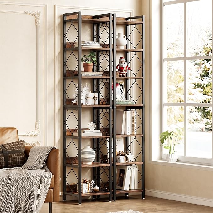 LITTLE TREE Book Shelf Set of 2, 7-Tier Tall Bookcase, Wooden Display Shelves with Metal Frame for Living Room, Modern Narrow Standing Bookshelves for Bedroom, Brown Office Shelf for Small Spaces