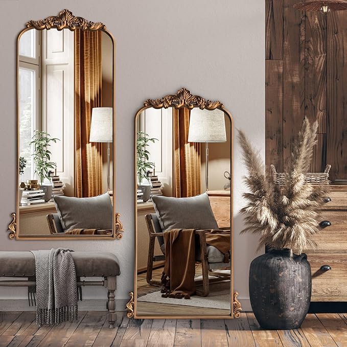 WAMIRRO Arched Mirror,Vintage Black Traditional Vintage Ornate Baroque Mirrors,Antique Brass Mirrors for Entryway/Fireplace/Living Room/Hallway/Bathroom.22“X48“ Gold