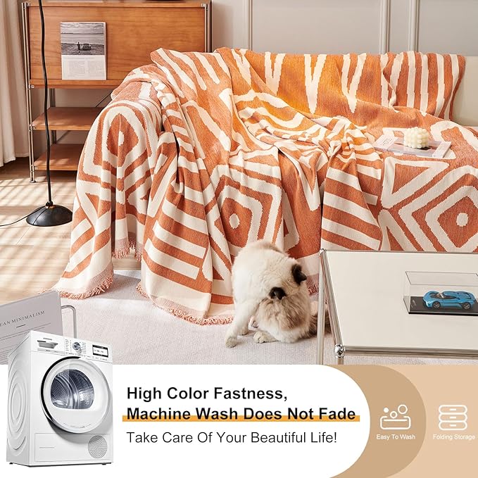 STACYPIK Geometric Orange Sofa Cover - Boho Triangle Reversible Protector for 3 Cushion Couch - Pet-Friendly, Washable Multi-Use Blanket - 91x150IN