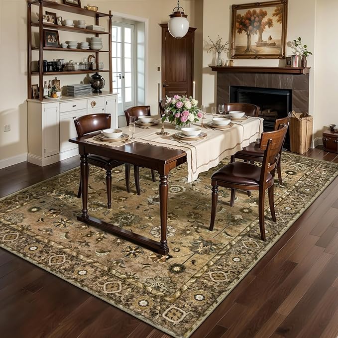 Tangsoo 6x9 Area Rug for Living Room, Washable Floral Vintage Rug Indoor Non Slip Large Area Rugs, Print Distressed Brown Carpet, Soft Low Pile Foldable Floor for Bedroom Dining Room