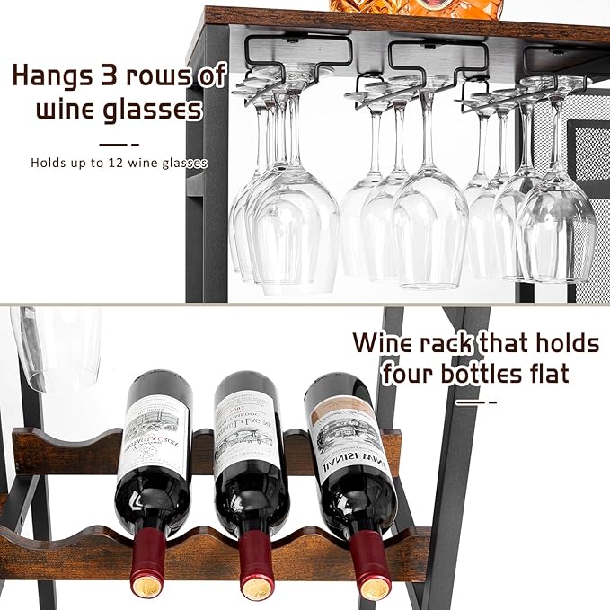 Versatile Liquor Stand for Home Bar, Wine Rack Freestanding Floor, Mini Bar Table for Liquor Whiskey Wine, 3-Tier Trapezoidal Liquor Bottle Display Shelf with Glass Holder and Fences(Patent Pending)