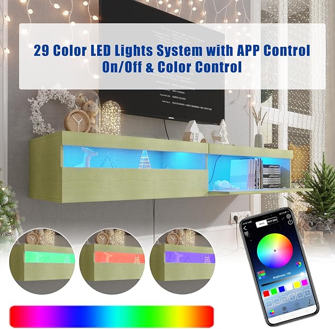 Floating TV Stand with Led Lights, 71 inch Wall Mounted TV Shelf with Power Outlet, Modern Entertainment Center Media Console with Storage Cabinet, Up to 80 Inch TVS, Green