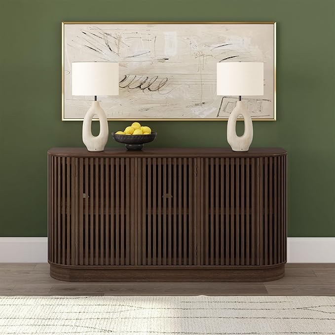 Plank+Beam Contour Wood TV Stand, Three Door Solid Wood Entertainment Console with Storage, 59" L x 16" W x 30" H, Walnut