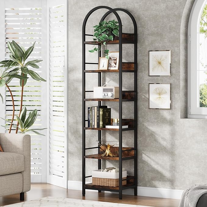 LITTLE TREE 78.7 Inches Tall Arched Bookshelf, 6 Tiers Skinny Open Bookcase with Metal Frame, Freestanding Corner Display Shelves Rack for Living Room, Home Office, Brown