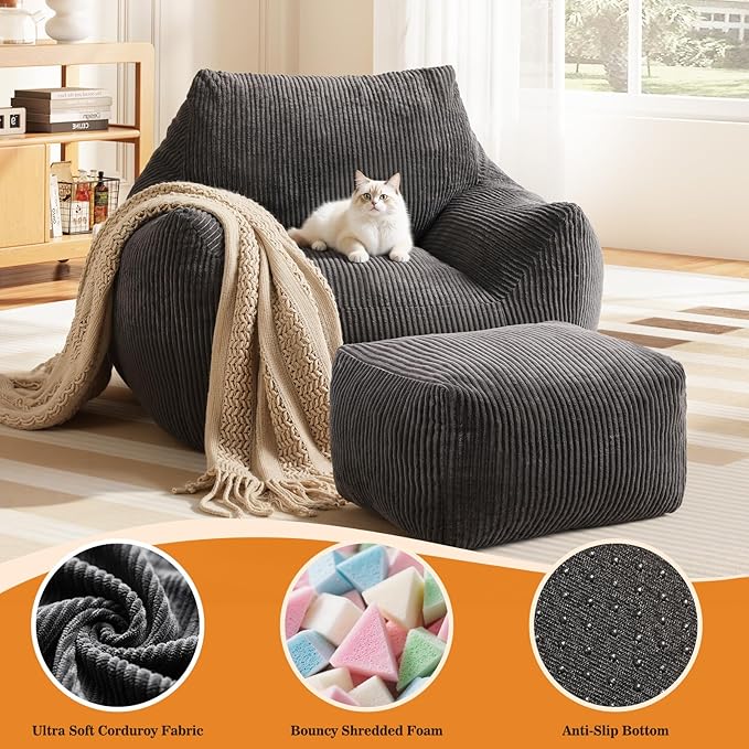 Big Bean Bag Chair for Adults & Kids, Ultra Soft Living Room Bean Bag with Armrests & Ottoman, Stuffed BeanBag Floor Sofa for Napping, Gaming, Lounging, Dark Gray
