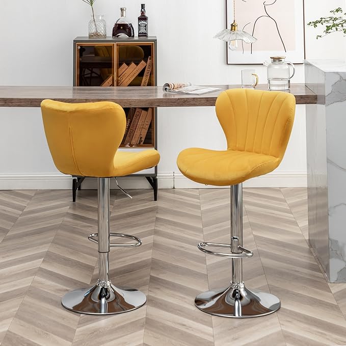 Roundhill Furniture Ellston Velvet Adjustable Swivel Barstools in Yellow, Set of 2
