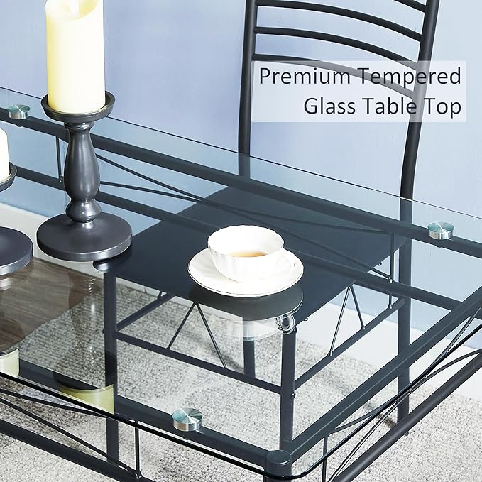 VECELO Kitchen Dining Table and Chairs Set for 4, PU Padded Seat & Glasses Tabletop, Space Saving, Matte Black