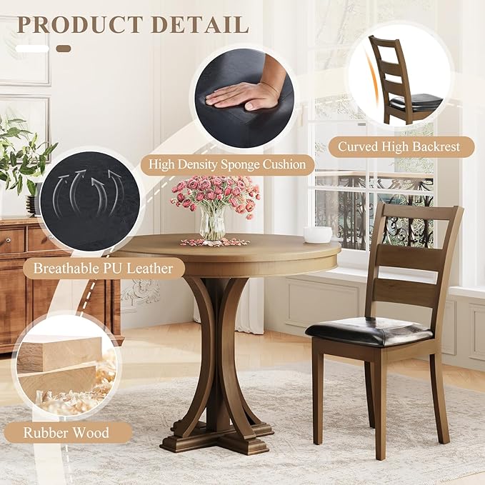 COLAMY Upholstered Dining Chairs Set of 2, PU Leather Ladder High Back Dining Room Kitchen Side Chair with Adjustable Foot Pegs, Dark Brown