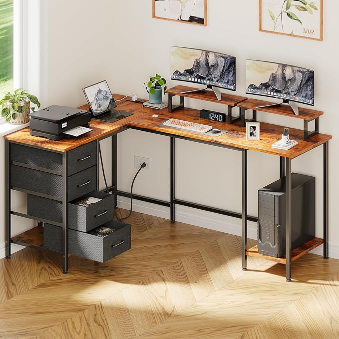 59 inch L Shaped Computer Desk with Power Outlets, Home Office Desk with 4 Adjustable Storage Drawers & 2 Monitor Stands, Two Person Gaming Table for Bedroom, Rustic Brown