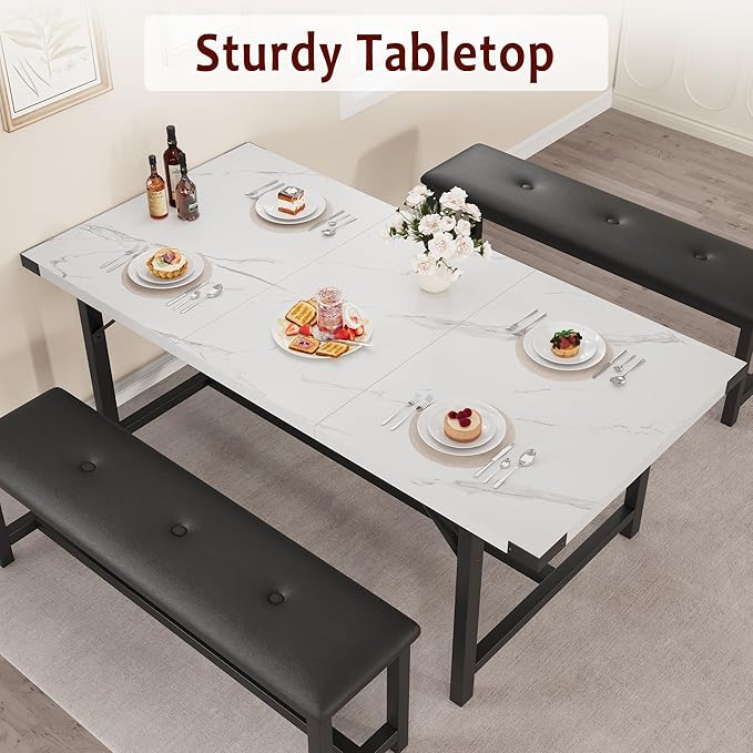 GarveeHome Extendable Dining Table Set for 4-6, Rectangle Large Extendable Kitchen Table with 2 Upholstered Benches & Metal Corner Protect for Dining, Apartment, Space Saving, Marble White