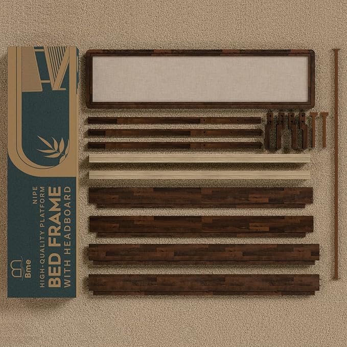 Bme Nipe King 14 Inch Bohemian Bed Frame with Adjustable Wicker Headboard - Rustic & Vintage Unique Style with Acacia Wood - No Box Spring Needed - Easy Assembly - Walnut