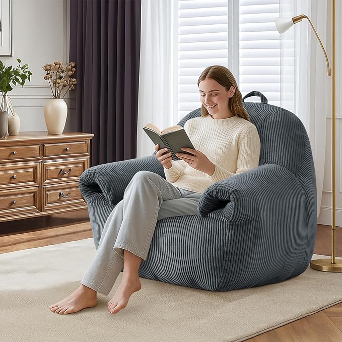 DAICO Bean Bag Chairs for Adults, Giant Bean Bag Chair Comfy Bean Bag Sofa with Handle Corduroy Single Lazy Floor Sofas Accent Chair with Foam for Bedroom Living Room Reading Gaming Grey